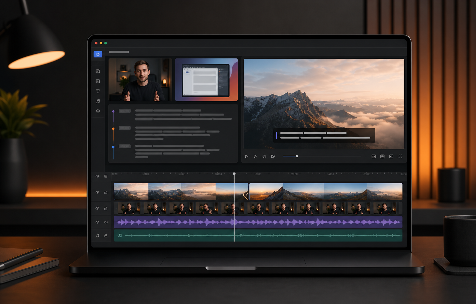 Clipchamp benzeri tarayıcı tabanlı video editörü arayüzü