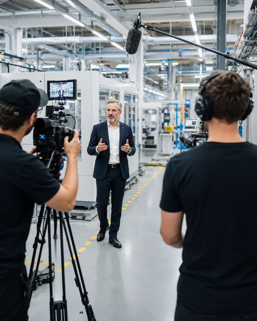 Fabrika ortamında kurumsal tanıtım filmi için röportaj çeken video ekibi