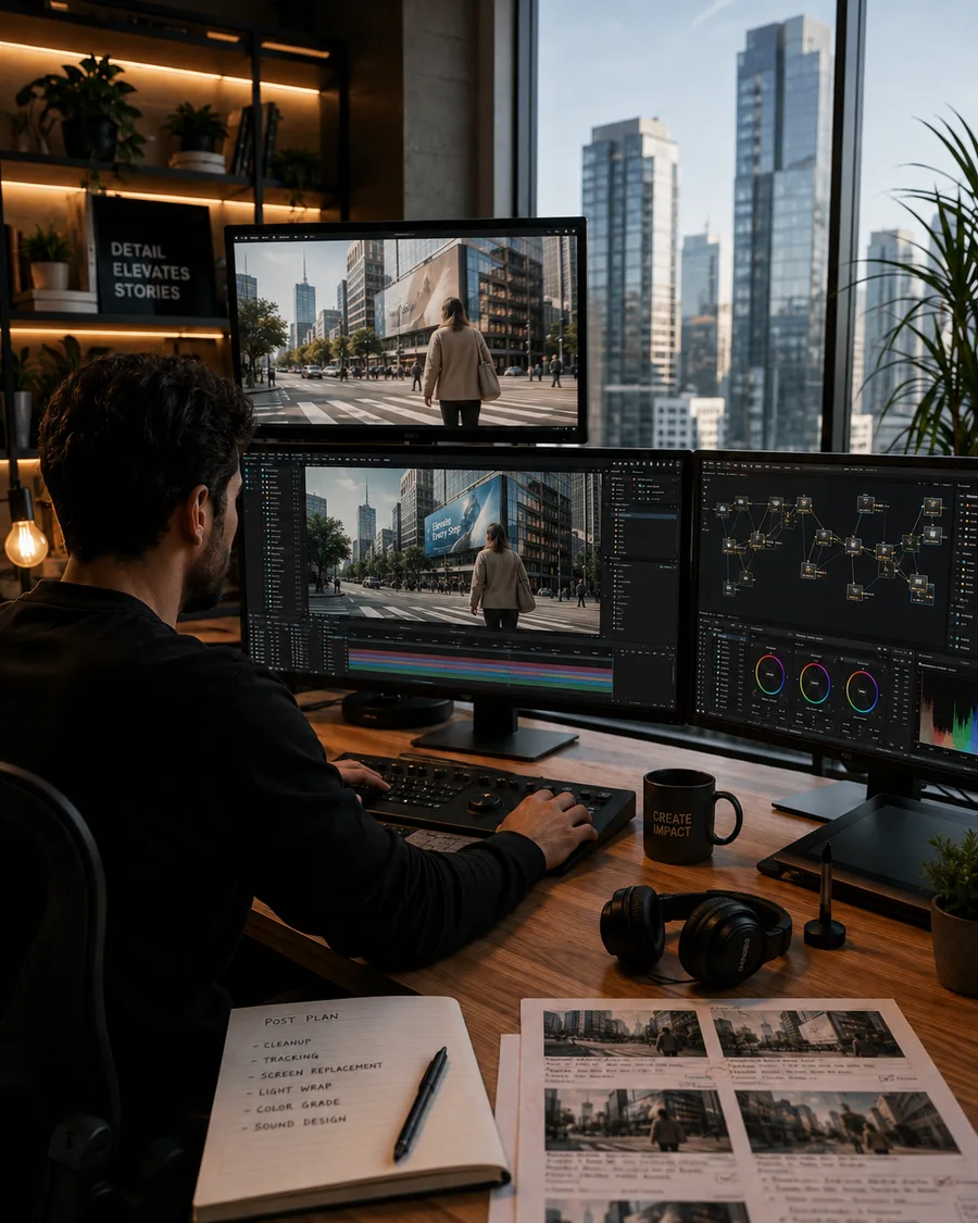 Post prodüksiyon editörünün çok ekranlı kurgu ve renk çalışma alanı